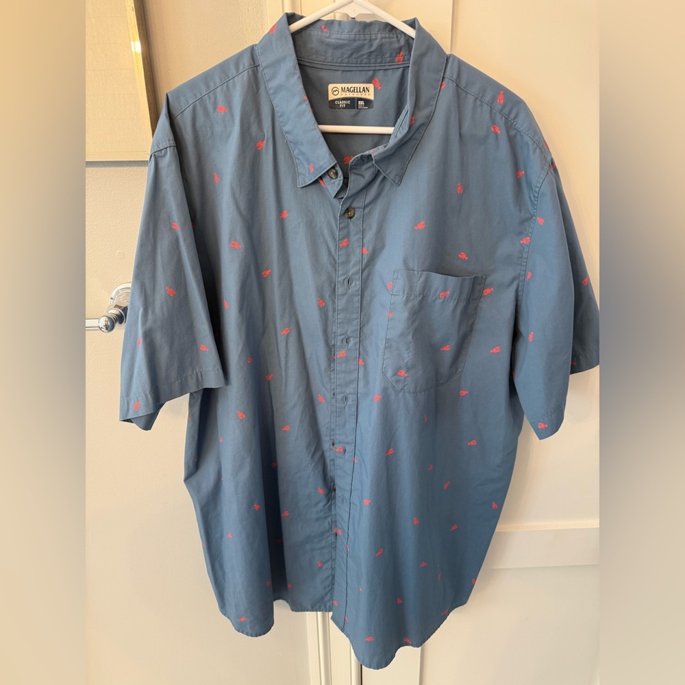Magellan Outdoors Blue Shirt with Pink Lobsters